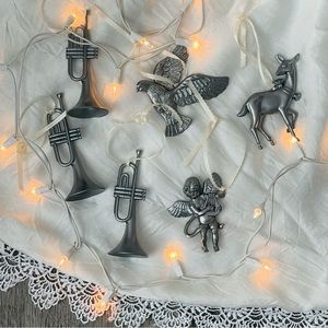 set of (6) silver color vintage holiday ornaments with cream white ribbons gift